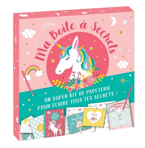 Ma boîte à secrets Licornes. Un super kit de papeterie pour écrire tous tes secrets ! Avec 1 super journal intime, 1 adorable carnet de notes, 6 cartes postales, 6 enveloppes décorées, 2 jolis crayons, 1 poster et 1 planche d'autocollants