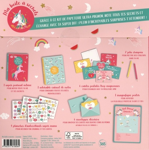 Ma boîte à secrets Licornes. Un super kit de papeterie pour écrire tous tes secrets ! Avec 1 super journal intime, 1 adorable carnet de notes, 6 cartes postales, 6 enveloppes décorées, 2 jolis crayons, 1 poster et 1 planche d'autocollants