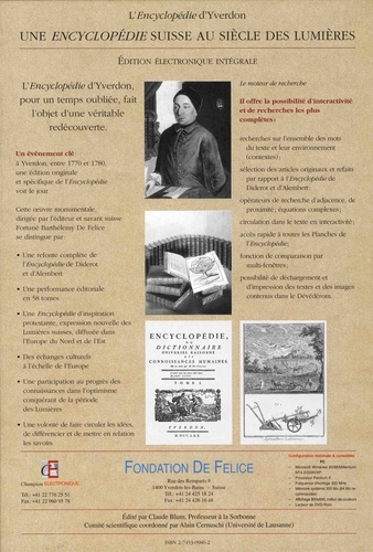 Encyclopédie ou dictionnaire universel raisonné des connoissances humaines. Yverdon (1770-1780)  1 DVD