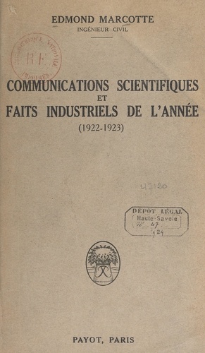 Communications scientifiques et faits industriels de l'année. 1922-1923