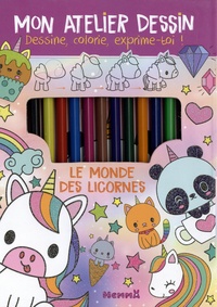 Elen Lescoat - Le monde des licornes - Kit avec 1 bloc créatif, 11 crayons de couleurs, 1 crayon gris de dessin, 1 taille-crayon et 1 gomme.