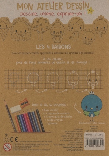 Mon atelier dessin Les 4 saisons. Avec 1 bloc créatif, 11 crayons de couleur, 1 crayon gris de dessin, 1 taille-crayon, 1 gomme