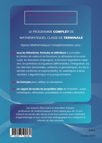 Maths Tle option mathématiques complémentaires. Synthèse de cours & livret de formules  Edition 2021