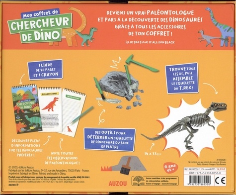 Mon coffret de chercheur de dino. Avec 1 livre, 1 crayon, des outils pour déterrer un squelette de dinosaure du bloc de plâtre, et le squelette du T.Rex  à assembler