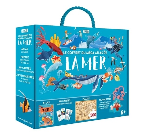 Le coffret du méga atlas de la mer. Avec 1 atlas, 40 cartes questions/réponses, 1 puzzle de 500 pièces et 20 silhouettes d'animaux et de phénomènes marins à placer sur le puzzle