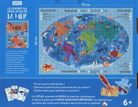 Le coffret du méga atlas de la mer. Avec 1 atlas, 40 cartes questions/réponses, 1 puzzle de 500 pièces et 20 silhouettes d'animaux et de phénomènes marins à placer sur le puzzle
