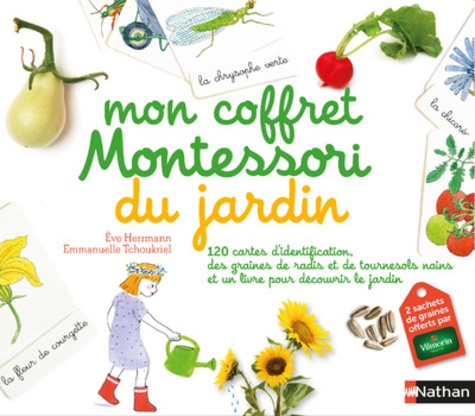 Eve Herrmann et Emmanuelle Tchoukriel - Mon coffret Montessori du jardin - 120 cartes d'identification, des graines bio de basilic et de courgettes.