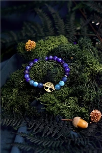 bracelet perles rondes 8 mm lapis-lazuli et apatite charm arbre de vie