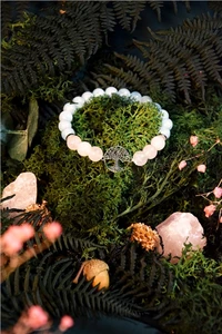 bracelet perles rondes 8 mm quartz rose et aigue-marine charm arbre de vie