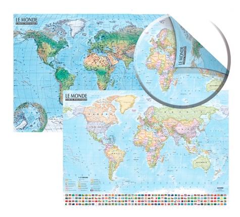 Carte du monde politique et physique. Carte murale double face, laminée, sans barres alu