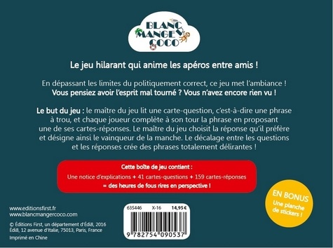 Blanc manger coco. "La recave". Le jeu ultra simple et terriblement drôle pour tous ceux qui n'ont pas froid aux yeux ! Contient : une notice, 41 cartes-questions et 159 cartes-réponses