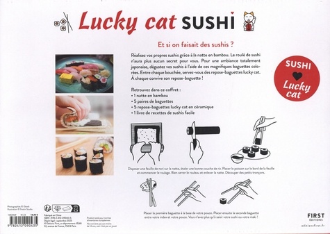 Lucky cat sushis. Coffret avec 1 natte en bambou, 5 paires de baguettes, 5 repose-baguettes et 1 livre de recettes