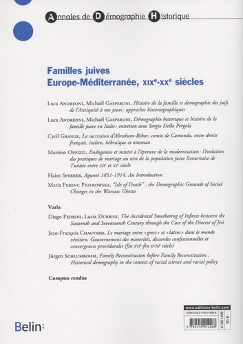 Annales de Démographie Historique N° 2/2018 Familles juives. Europe-Méditerranée, XIXe-XXe siècles