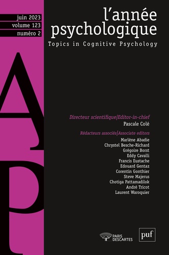 L'année psychologique Volume 123 N° 2, juin 2023 Centenaire de l'Institut de Psychologie de l'Université de Paris