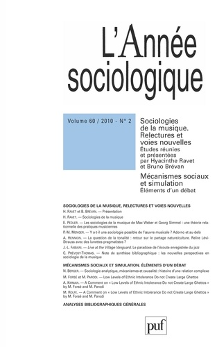Bernard Valade et Hyacinthe Ravet - L'Année sociologique N° 60, 2010 : Sociologies de la musique - Tome 2.