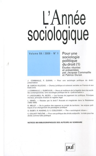 Jacques Commaille et Patrice Duran - L'Année sociologique Volume 59 N° 1/2009 : Pour une sociologie politique du droit - Tome 1.