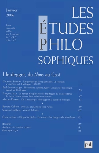 Christian Sommer et Paul-Etienne Atger - Les études philosophiques N° 1, 2006 : Heidegger, du Nous au Geist.