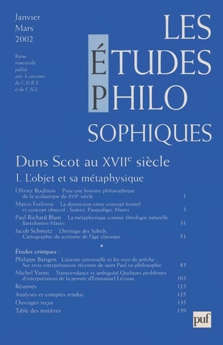  PUF - Les études philosophiques N° 1, Janvier-mars 2002 : Duns Scot au XVIIe siècle.
