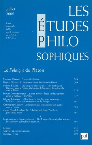 Monique Dixsaut et Jean-Louis Labarrière - Les études philosophiques N° 3, Juillet 2005 : La Politique de Platon.