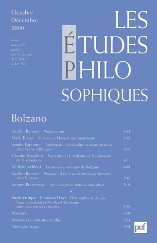  PUF - Les études philosophiques N° 4, Octobre-Décembre 2000 : Bolzano.