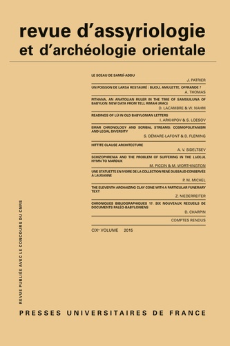 Dominique Charpin - Revue d'assyriologie et d'archéologie orientale N° 109/2015 : .