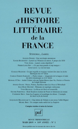 Jacques Dubois et Xavier Bourdenet - Revue d'histoire littéraire de la France N° 1, Janvier-mars 2009 : Stendhal, Lamiel.