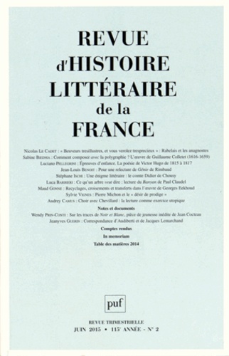 Alain Génetiot - Revue d'histoire littéraire de la France N° 2, Avril-juin 2015 : .