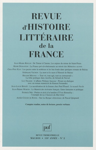Jean-Marie Roulin et Henri Duranton - Revue d'histoire littéraire de la France N° 2, Mai 2010 : .