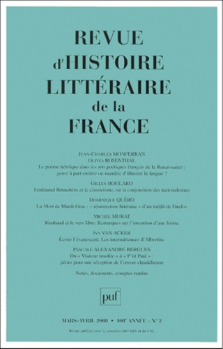  PUF - Revue d'histoire littéraire de la France N° 2 mars-avril 2000 : .