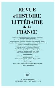 Revue d'histoire littéraire de la France N° 3, Juillet-septembre 2015