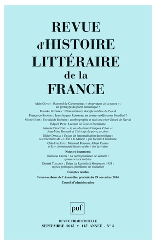 Alain Génetiot - Revue d'histoire littéraire de la France N° 3, Juillet-septembre 2015 : .