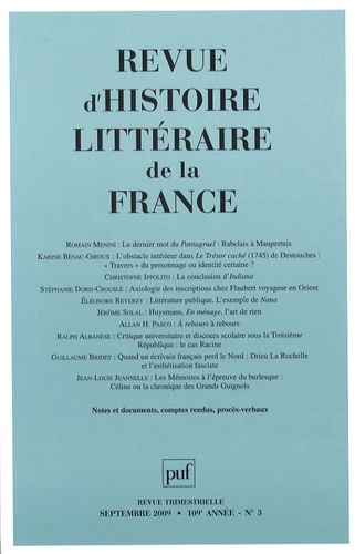 Romain Menini et Karine Bénac-Giroux - Revue d'histoire littéraire de la France N° 3, Septembre 2009 : .