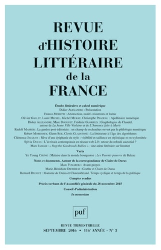 Alain Génetiot - Revue d'histoire littéraire de la France N° 3, septembre 2016 : Etudes littéraires et calcul numérique.