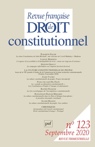  PUF - Revue française de Droit constitutionnel N° 123, 2020 : La culture constitutionnelle du peuple.
