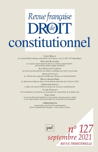  PUF - Revue française de Droit constitutionnel N° 127, septembre 2021 : .