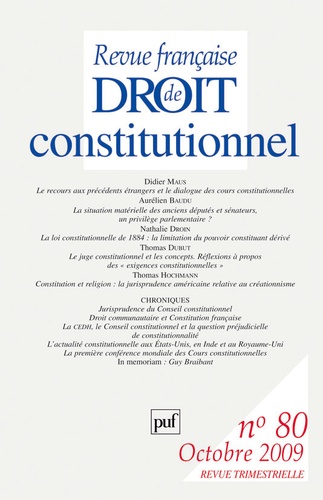 Didier Maus et Nathalie Droin - Revue française de Droit constitutionnel N° 80, Octobre 2009 : .