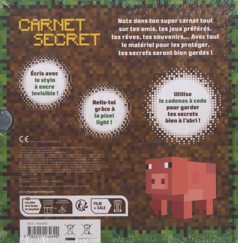 Carnet secret Minecraft. Avec 1 cadenas à code et 1 stylo à encre invisible et lumière magique