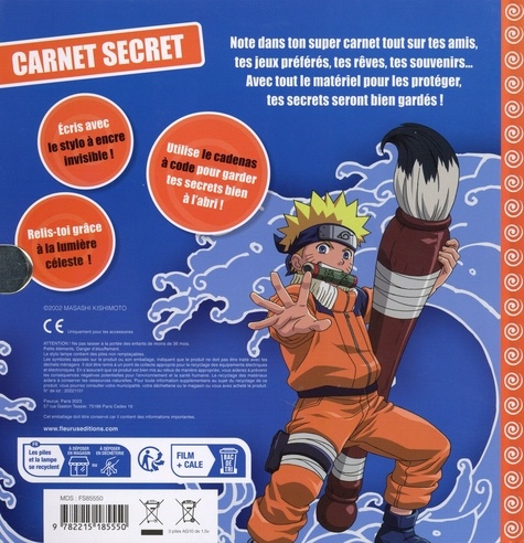 Naruto carnet secret. Avec 1 cadenas à code et 1 stylo à encre invisible