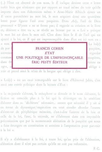 Francis Cohen - Etat, une politique de l'imprononçable.