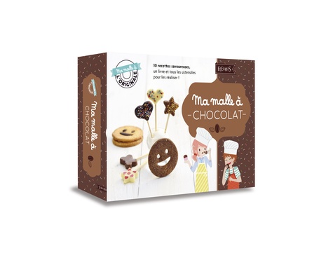 Ma malle à chocolat. Avec un moule à sucettes en silicone, 12 bâtonnets à sucettes en bois, un emporte-pièce à biscuits, une spatule en silicone avec un manche en bois