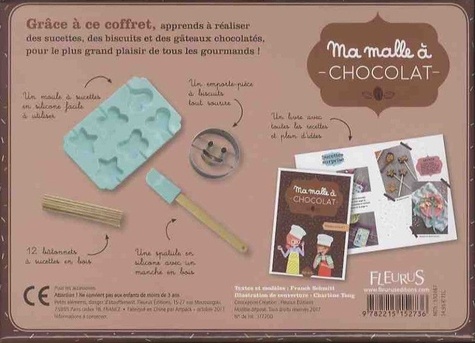 Ma malle à chocolat. Avec un moule à sucettes en silicone, 12 bâtonnets à sucettes en bois, un emporte-pièce à biscuits, une spatule en silicone avec un manche en bois