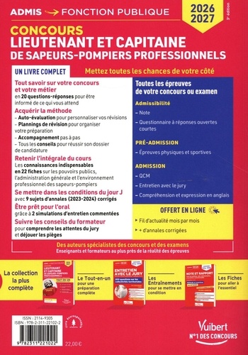 Concours Lieutenant et Capitaine de sapeurs-pompiers professionnels. Concours externe, interne et examens professionnels. Catégories A et B  Edition 2026-2027