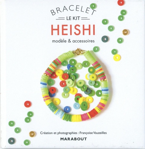 Bracelet Heishi. Modèle et accessoires. Avec 20 cm de perles Heishi multicolores, 2 perles rondes en métal, 1 fermoir à ressort et 1 anneau, 40 cm de fil transparent élastique, 1 livre d'explications