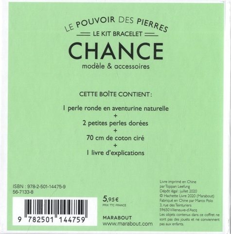 Le pouvoir des pierres Chance Aventurine. Modèle & accessoires. Avec 1 perle ronde en aventurine naturelle, 2 petites perles dorées, 70 cm de coton ciré, 1 livre d'explications