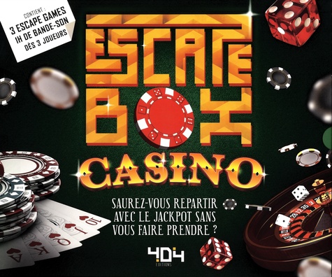 Escape box Casino. Contient : 3 livrets, 131 cartes, 1 bande-son de 60 minutes, 1 poster, 6 badges