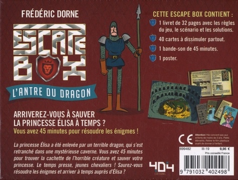 Escape box, L’antre du dragon. Coffret avec 1 livret de 32 pages, 40 cartes, 1 bande-son et 1 poster