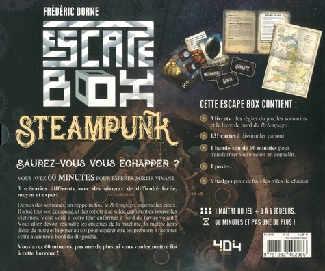 Escape box steampunk. Avec 3 livrets, 131 cartes, 1 bande-son de 60 minutes, 1 poster, 6 badges