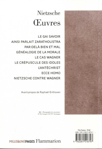 Oeuvres. Le Gai Savoir ; Ainsi parlait Zarathoustra ; Par-delà bien et mal ; Généalogie de la morale ; Le cas Wagner ; Le Crépuscule des idoles ; L’Antéchrist ; Ecce homo ; Nietzsche contre Wagner