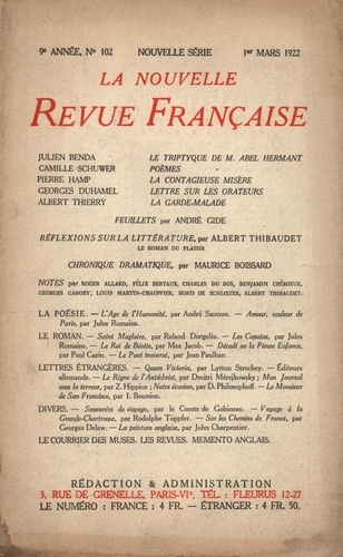 La Nouvelle Revue Française (1908-1943) N° 102 mars 1922