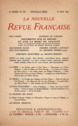 La Nouvelle Revue Française (1908-1943) N° 104 mai 1922